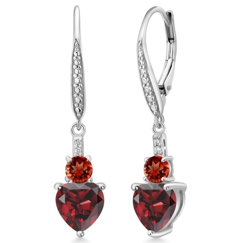 925 Sterling Silver with 3.37 Cttw Red Garnet and White Diamond Heart Earrings